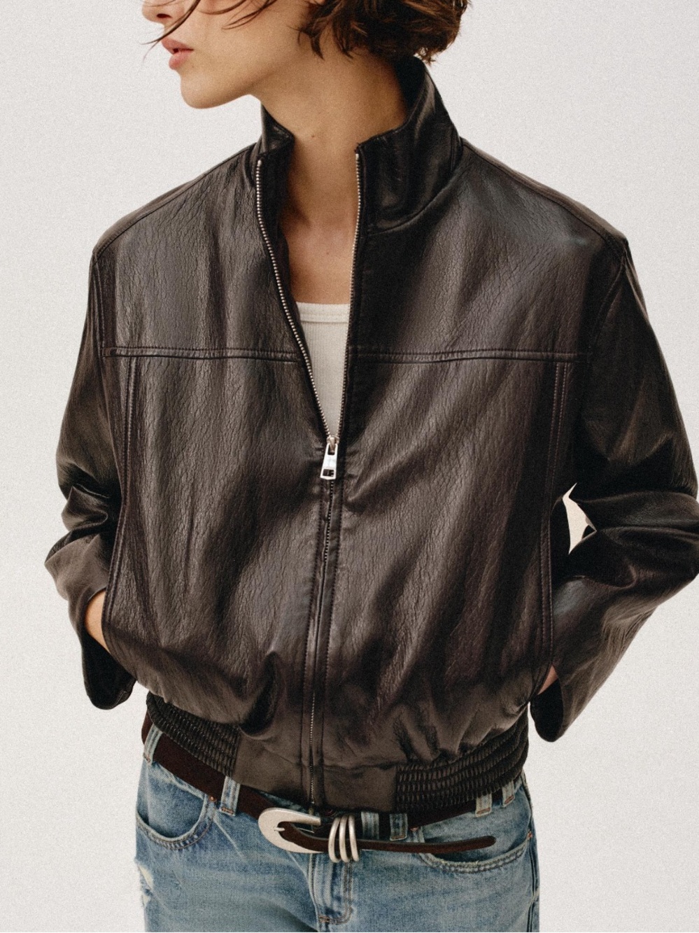 Zara Dark Brown Leather Bomber Jacket